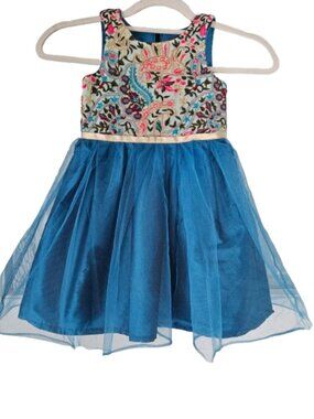A.T.U.N. Girls Blue Tulle Dress Floral Embroidered Bodice Special Occasion Size
